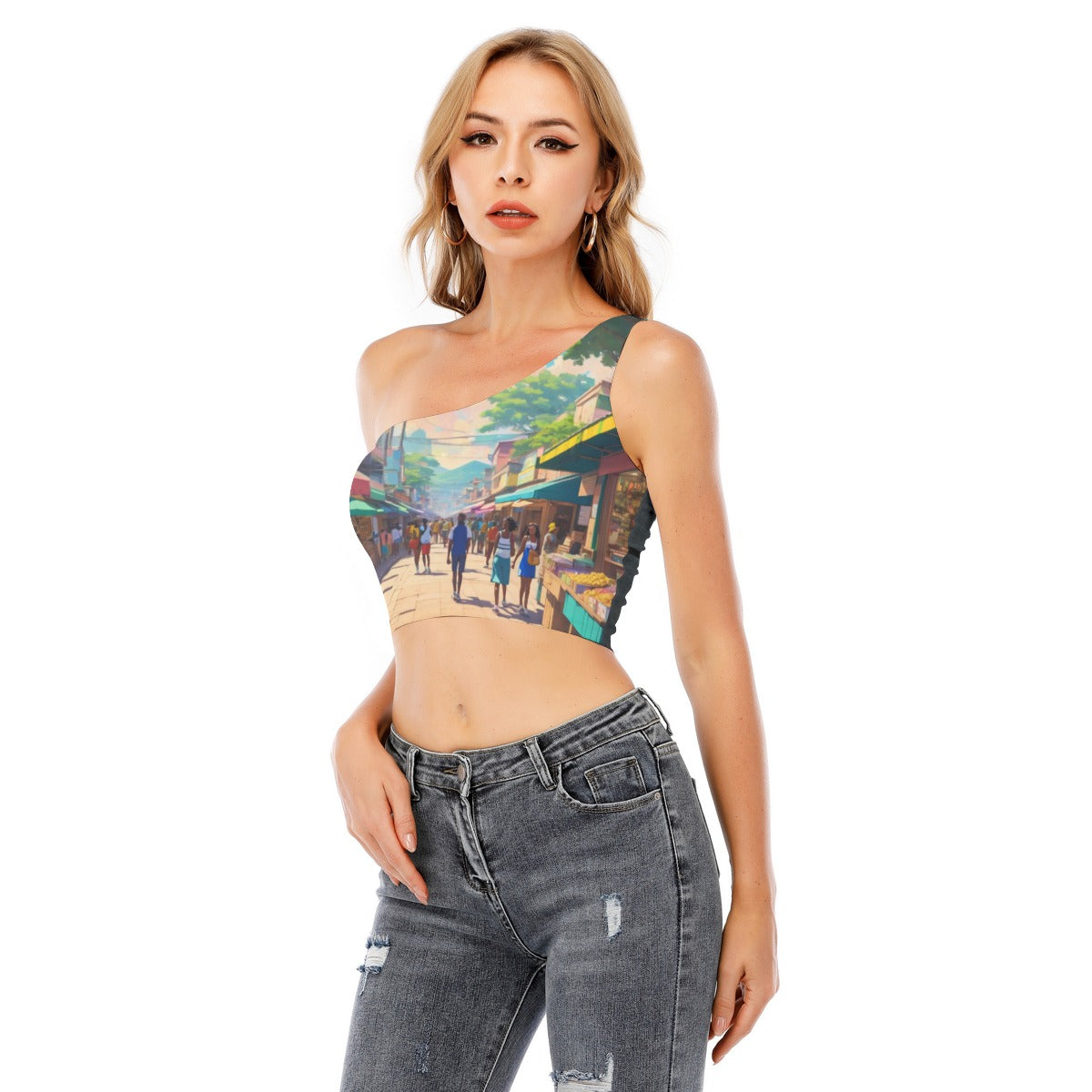 All-Over Print Women's One-Shoulder Cropped Top Yoycol
