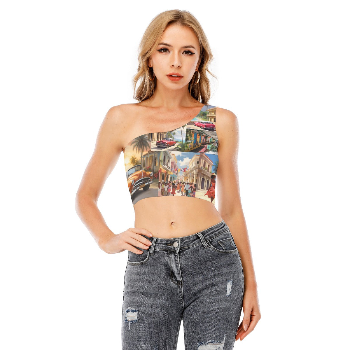 All-Over Print Women's One-Shoulder Cropped Top Yoycol